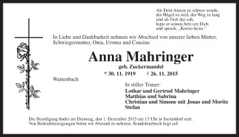 Traueranzeige von Anna Mahringer von Ansbach