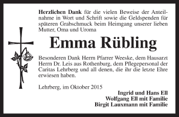 Traueranzeige von Emma Rübling von Ansbach