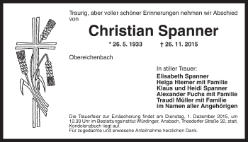 Traueranzeige von Christian Spanner von Ansbach