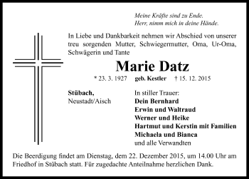 Traueranzeige von Marie Datz von Neustadt/ Scheinfeld/ Uffenheim