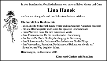 Traueranzeige von Lina Hanek von Ansbach