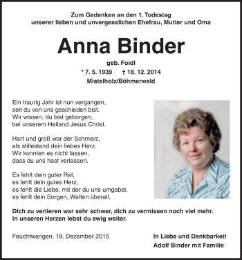 Traueranzeige von Anna Binder von Dinkelsbühl/ Feuchtwangen