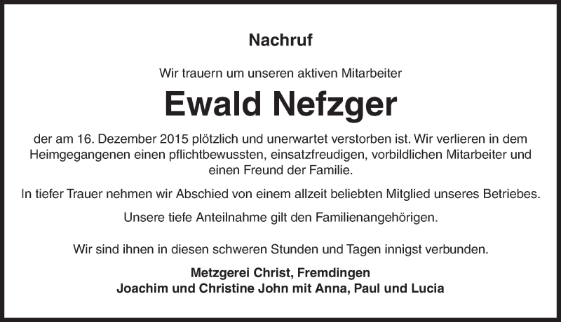 Traueranzeige für Ewald Nefzger vom 21.12.2015 aus Dinkelsbühl/ Feuchtwangen