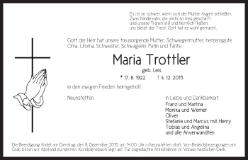 Traueranzeige von Maria Trottler von Ansbach