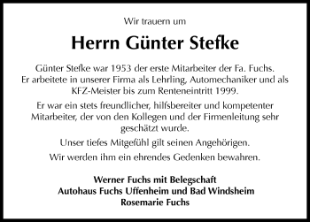 Traueranzeige von Günter Stefke von Neustadt/ Scheinfeld/ Uffenheim