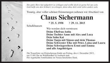 Traueranzeige von Claus Sichermann von Ansbach