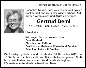 Traueranzeige von Gertrud Deml von Neustadt/ Scheinfeld/ Uffenheim