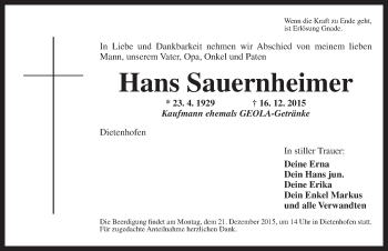 Traueranzeige von Hans Sauernheimer von Ansbach