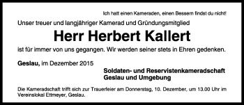 Traueranzeige von Herbert Kallert von Rothenburg