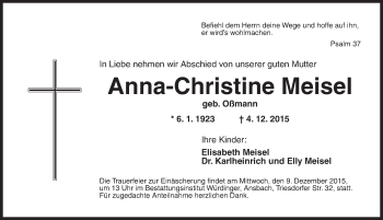 Traueranzeige von Anna-Christine Meisel von Ansbach