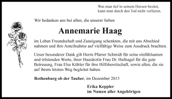 Traueranzeige von Annemarie Haag von Rothenburg