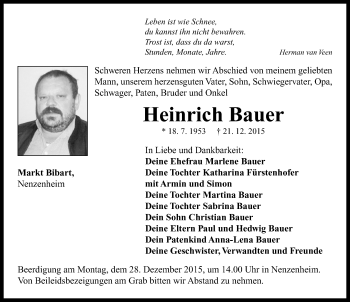 Traueranzeige von Heinrich Bauer von Neustadt/ Scheinfeld/ Uffenheim