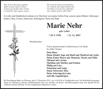 Traueranzeige von Maria Nehr von Ansbach