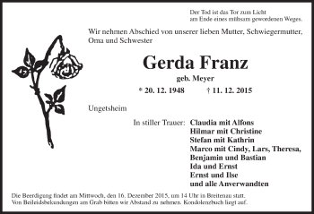 Traueranzeige von Gerda Franz von Dinkelsbühl/ Feuchtwangen