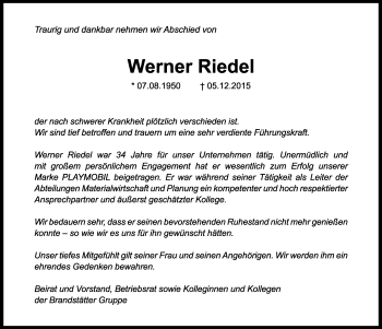 Traueranzeige von Werner Riedel von Rothenburg