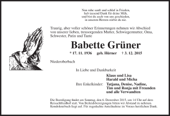 Traueranzeige von Babette Grüner von Dinkelsbühl/ Feuchtwangen