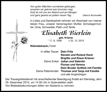 Traueranzeige von Elisabeth Bierlein von Neustadt/ Scheinfeld/ Uffenheim