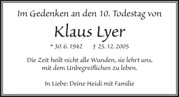 Traueranzeige von Klaus Lyer von Ansbach