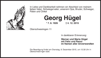 Traueranzeige von Georg Hügel von Dinkelsbühl/ Feuchtwangen