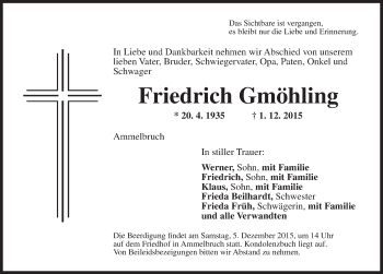 Traueranzeige von Friedrich Gmöhling von Dinkelsbühl/ Feuchtwangen