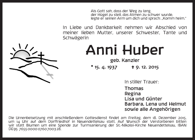  Traueranzeige für Anni Huber vom 16.12.2015 aus Ansbach