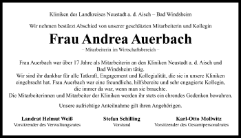 Traueranzeige von Andrea Auerbach von Neustadt/ Scheinfeld/ Uffenheim