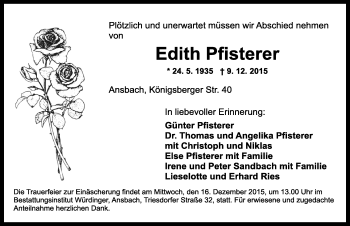 Traueranzeige von Edith Pfisterer von Ansbach