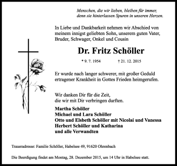 Traueranzeige von Fritz Schöller von Rothenburg