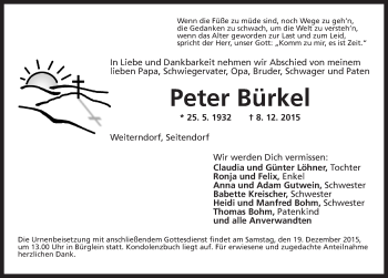 Traueranzeige von Peter Bürkel von Ansbach