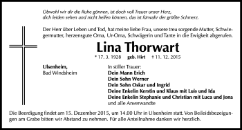 Traueranzeige von Lina Thorwart von Neustadt/ Scheinfeld/ Uffenheim