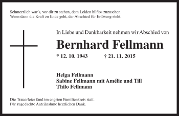 Traueranzeige von Bernhard Fellmann von Ansbach