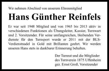 Traueranzeige von Hans Günther Reinfels von Neustadt/ Scheinfeld/ Uffenheim
