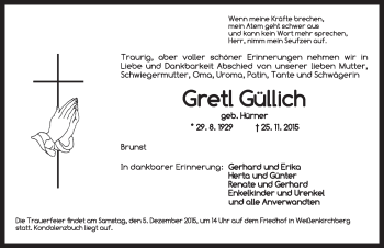 Traueranzeige von Grett Gütlich von Rothenburg