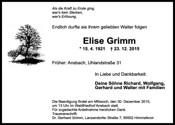 Traueranzeige von Elise Grimm von Ansbach