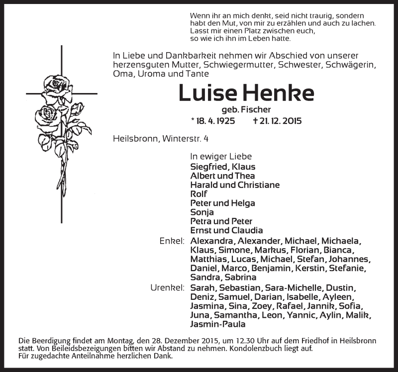  Traueranzeige für Luise Henke vom 24.12.2015 aus Ansbach