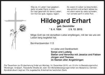 Traueranzeige von Hildegard Erhart von Ansbach