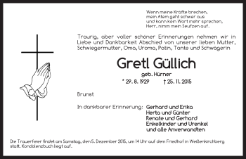 Traueranzeige von Gretl Güllich von Ansbach