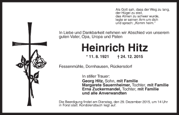 Traueranzeige von Heinrich Hitz von Ansbach