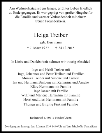 Traueranzeige von Helga Treiber von Gesamtausgabe