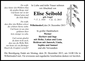 Traueranzeige von Elise Seibold von Neustadt/ Scheinfeld/ Uffenheim