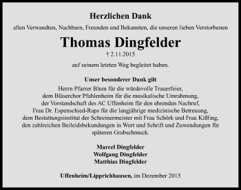 Traueranzeige von Thomas Dingfelder von Neustadt/ Scheinfeld/ Uffenheim