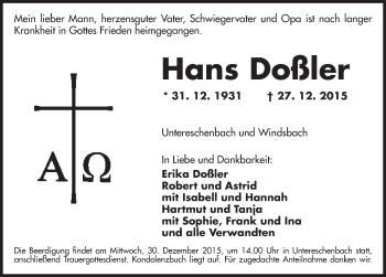 Traueranzeige von Hans Doßler von Ansbach