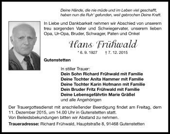 Traueranzeige von Hans Frühwald von Neustadt/ Scheinfeld/ Uffenheim