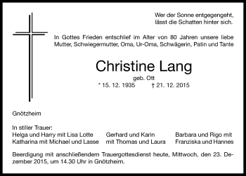 Traueranzeige von Christine Lang von Neustadt/ Scheinfeld/ Uffenheim