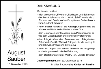 Traueranzeige von August Sauber von Dinkelsbühl/ Feuchtwangen