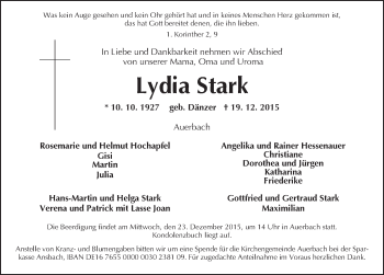 Traueranzeige von Lydia Stark von Ansbach