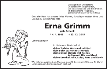 Traueranzeige von Erna Grimm von Dinkelsbühl/ Feuchtwangen