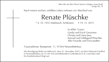 Traueranzeige von Renate Plüschke von Ansbach