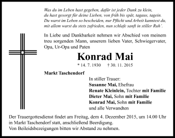 Traueranzeige von Konrad Mai von Neustadt/ Scheinfeld/ Uffenheim