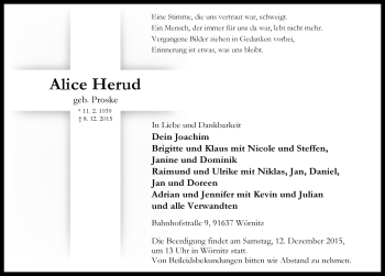 Traueranzeige von Alice Herud von Rothenburg